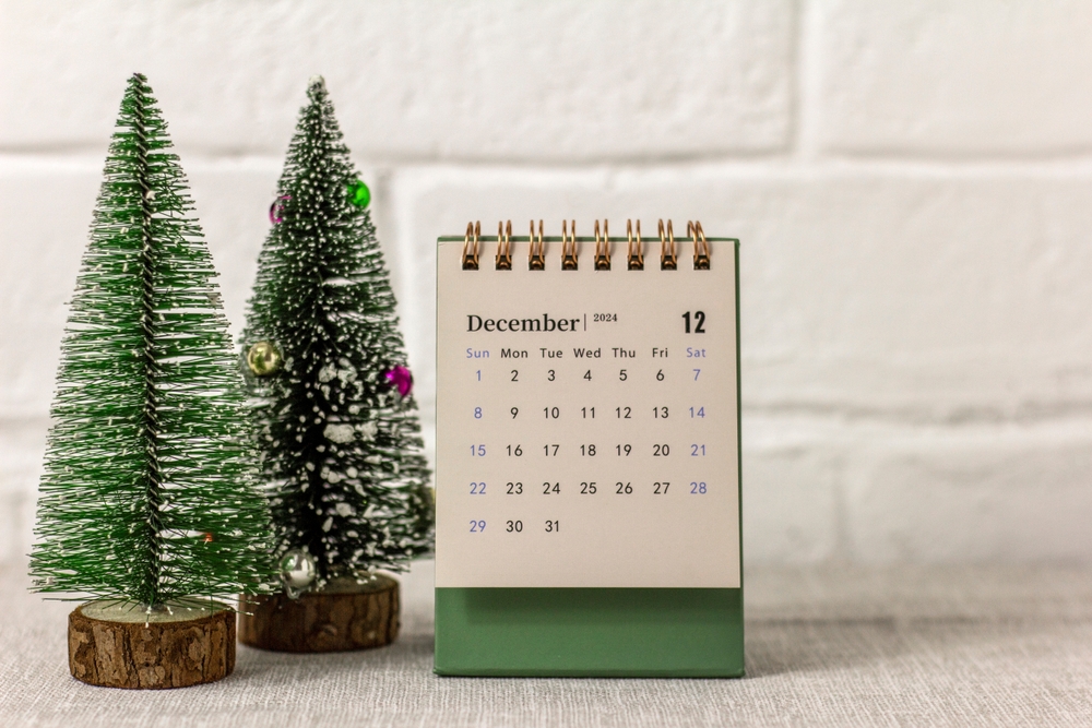 agenda de dezembro com duas árvores de Natal pequenas ao lado - Assaí Atacadista - final de ano