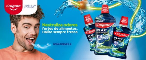 Banner colgate com embalagens do produto em um fundo azul com texto e um homem - Assaí Atacadista - comerciantes