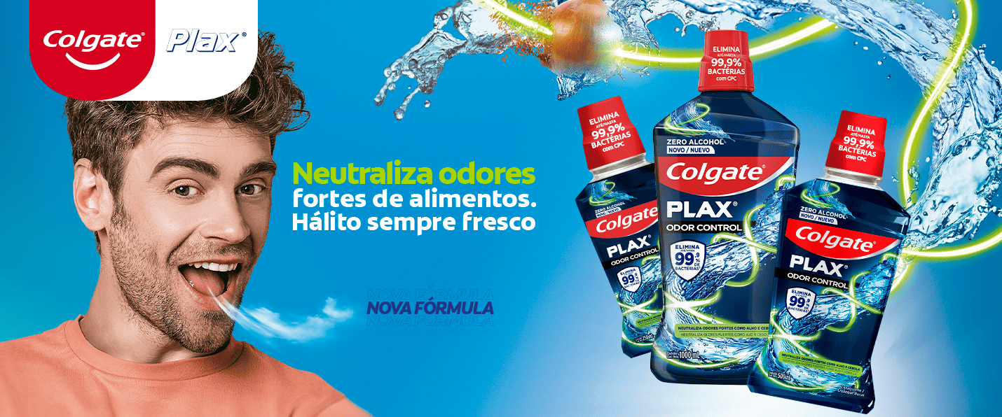 banner Colgate com fundo azul um homem branco e embalagens do enxaguante bucal - fornecedores do Assaí