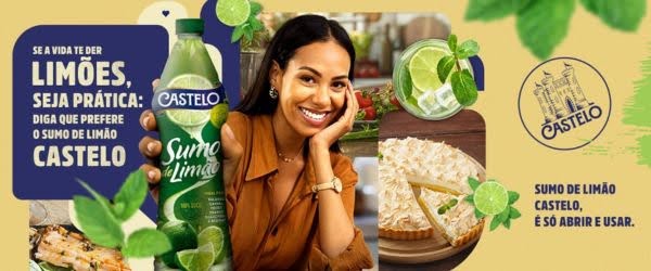 banner com embalagem do sumo de limão da Castelo com imagens de pratos e uma mulher sorrindo - Assaí Atacadista