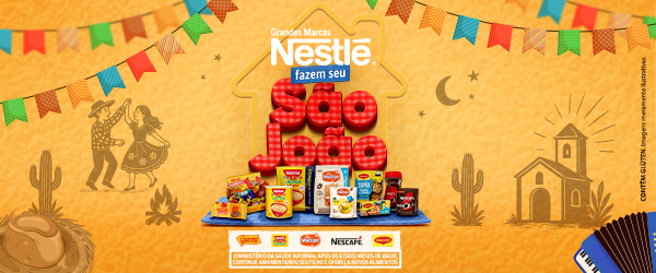 banner com embalagens dos produtos Nestlé em um fundo amarelo com desenhos no estilo cordel e bandeiras de São João-whatsapp comercial-Assaí Atacadista