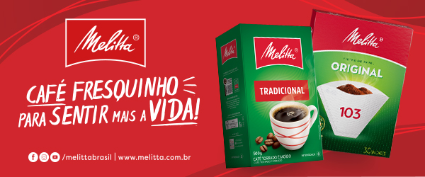 banner com fundo vermelho e embalagens dos produtos Melitta-Assaí Atacadista
