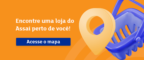 banner com ícone vetorial de um pin de localização e uma cesta de compras falando sobre lojas do Assaí Atacadista - Páscoa fit