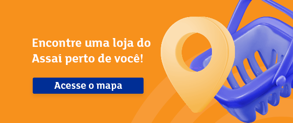 banner com ícone vetorial de um pin de localização e uma cesta de compras falando sobre lojas do Assaí Atacadista perto - Carnaval no Sudeste