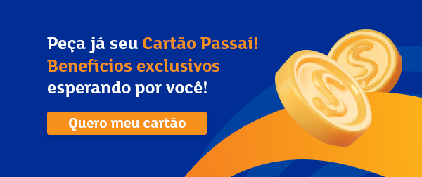 banner com moedas vetoriais em um fundo azul e laranja falando sobre os benefícios do Cartão Passaí - Assaí Atacadista - lanches práticos