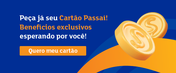 banner com moedas vetoriais em um fundo azul e laranja falando sobre os benefícios do cartão passaí - assaí atacadista - outono