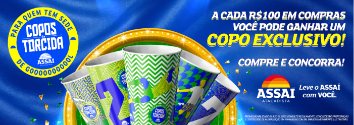 banner com os Copos da Torcida e um fundo azul explicando a promoção-Assaí Atacadista