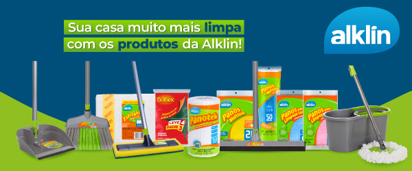 banner com produtos e utensílios de limpeza da marca alklin - Schwanke fornecedor do Assaí Atacadista