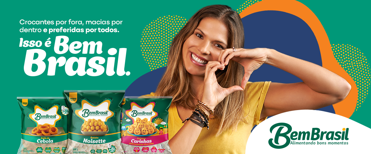 banner com uma mulher sorrindo fazendo simbolo de coração com as mãos e embalagens da Bem Brasil no canto - fornecedores do Assaí