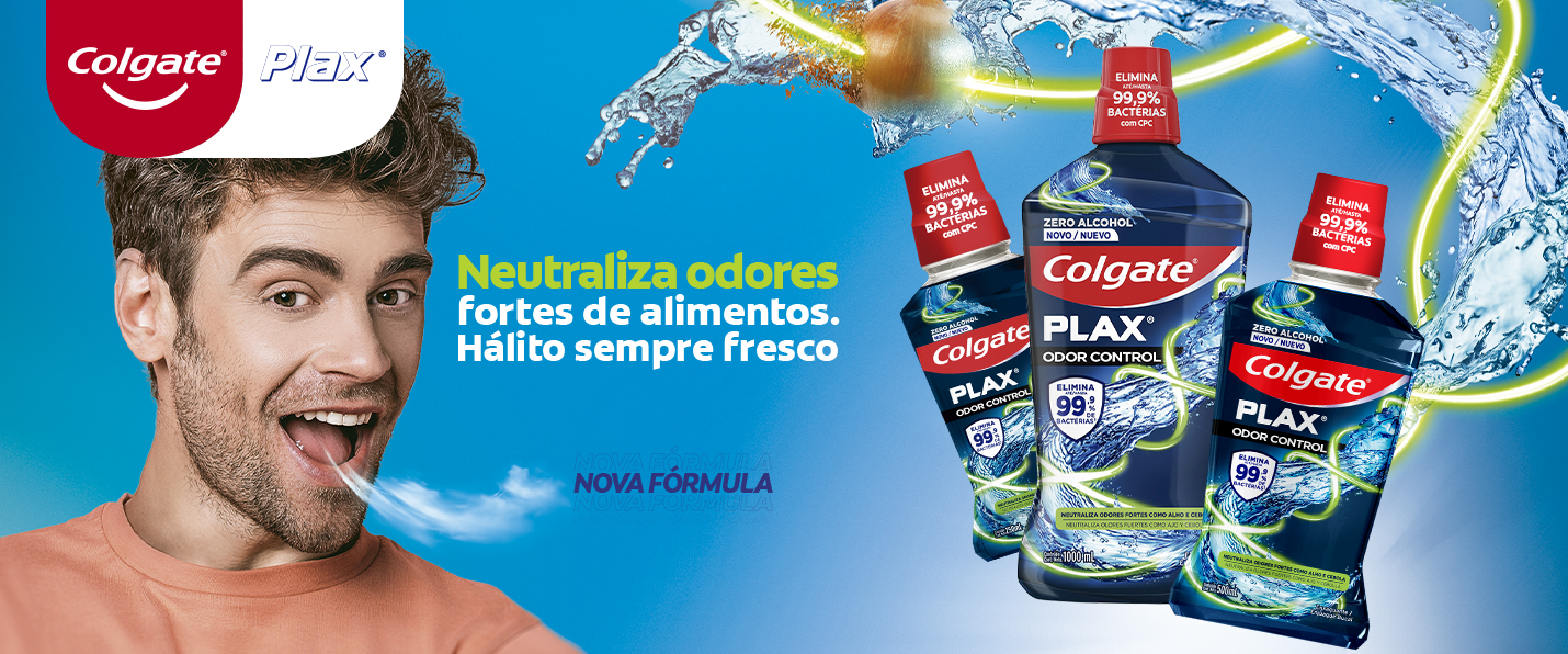 banner da Colgate com um fundo azul embalagens do enxaguante bucal e um homem - Assaí Atacadista - animal abandonado