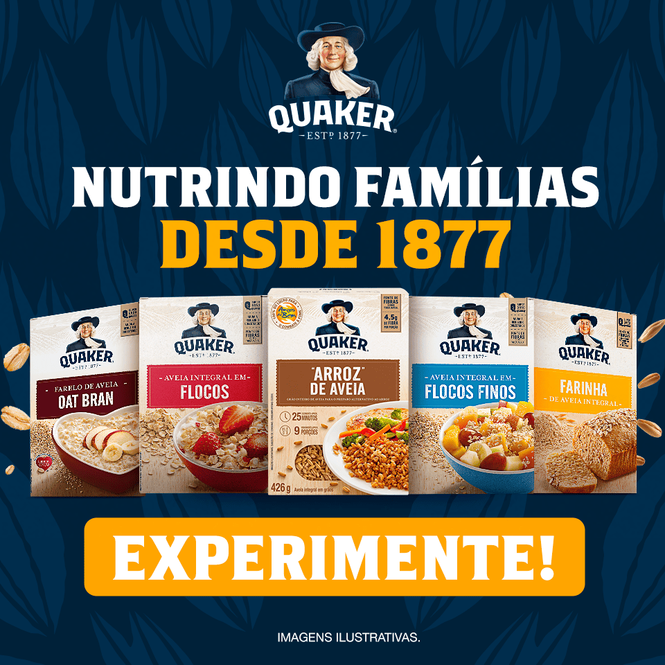 banner da PEPSICO com fundo azul texto branco e amarelo e embalagens dos produtos Quaker lado a lado - fornecedores do Assaí Atacadista