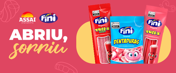 banner Fini com três embalagens de produtos - fornecedores do Assaí Atacadista