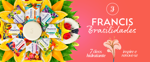 Banner Flora com embalagens de sabonete Francis e frutas em um fundo rosa - Fornecedores do Assaí Atacadista - chá de bebê