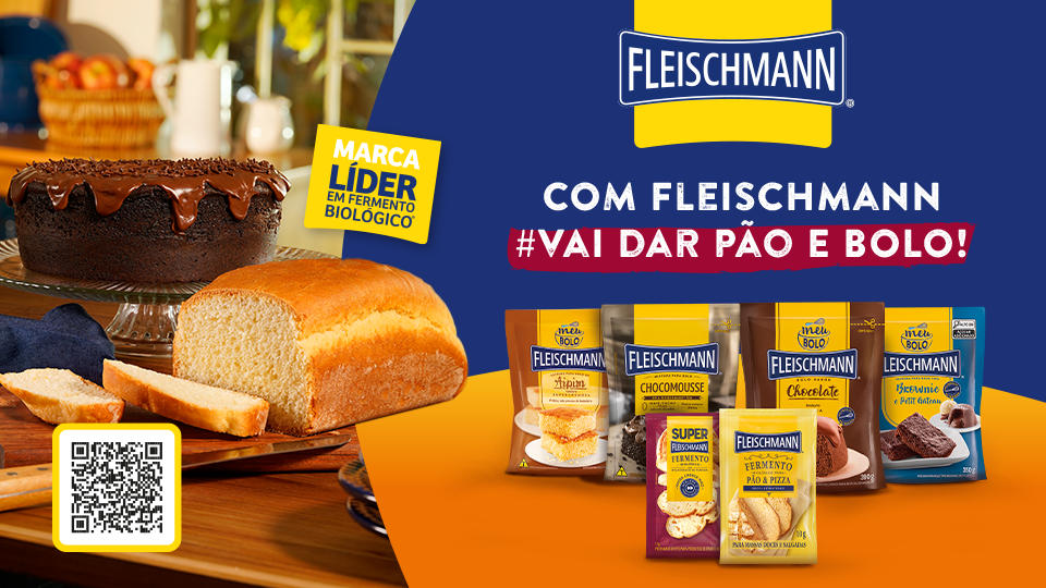 banner interno com um pão um bolo de chocolate e embalagens do Fermento Fleischmann - Assaí Atacadista.png