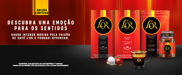 banner JDE com fundo vermelho e preto com embalagens do café LÓR - fornecedores do Assaí Atacadista