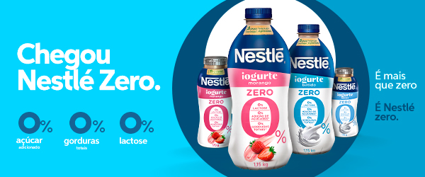 banner Nestle com fundo azul e quatro embalagens dos produtos da linha pense zero-Assaí Atacadista