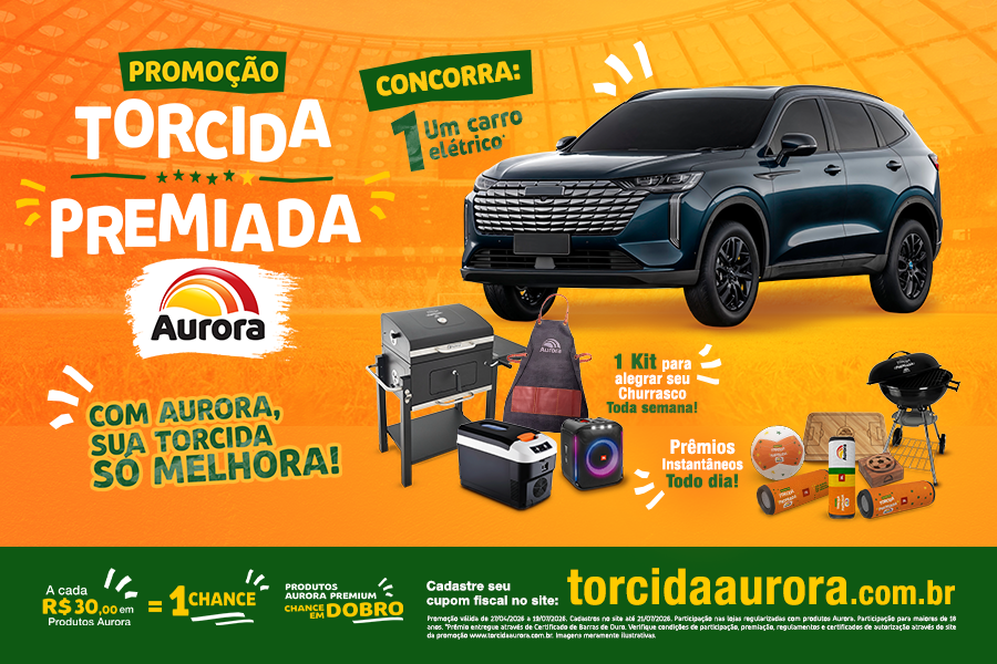 banner promoção torcida premiada Aurora com o fundo verde um carro elétrico preto e outros prêmios-Assaí Atacadista