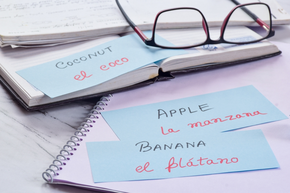 cadernos com papéis coloridos de anotações com dois idiomas e um óculos na mesa - o que fazer no verão - Assaí Atacadista