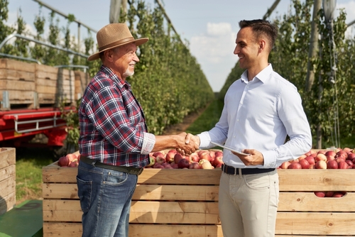 homem agricultor idoso apertando a mão de um homem empreendedor jovem - fornecedores de alimentos - Assaí Atacadista
