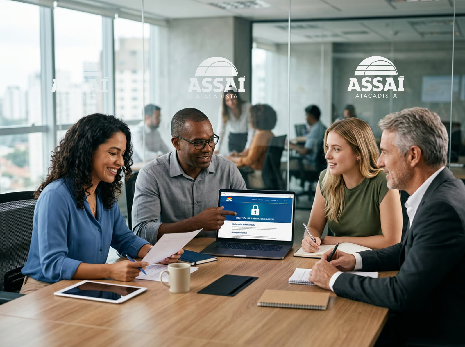 Equipe em reunião analisando declarações de privacidade