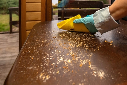 mão com luva limpando uma mesa suja-inseticidas-Raid-Baygon-Assaí Atacadista