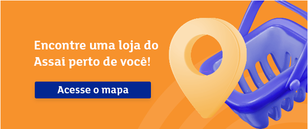 banner com ícone vetorial de um pin de localização e uma cesta de compras falando sobre lojas do assaí atacadista perto - L'OR Ferrari