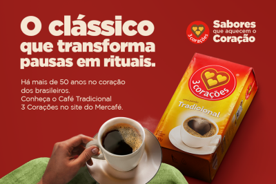 banner Três Corações com fundo vermelho xícara de café e uma embalagem - fornecedores do Assaí Atacadista