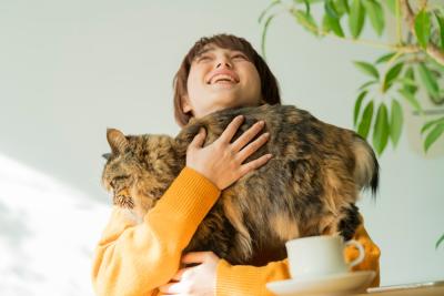 pessoa branca abraçando um gato grande - cafeteria pet - Assaí Atacadista