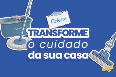 banner com fundo azul texto branco e os produtos da Celeste-Mop