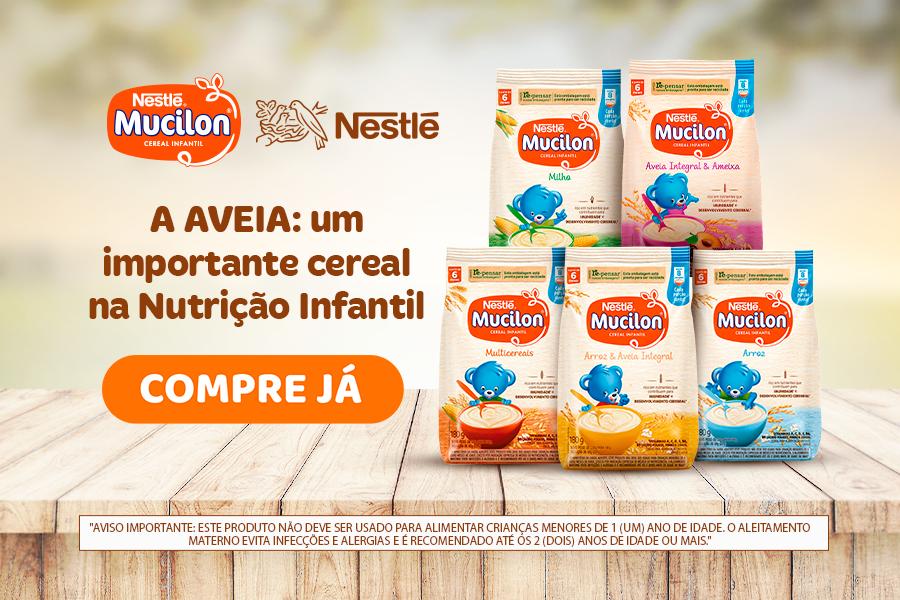 Banner com pacotes de Mucilon Aveia - Assaí Atacadista