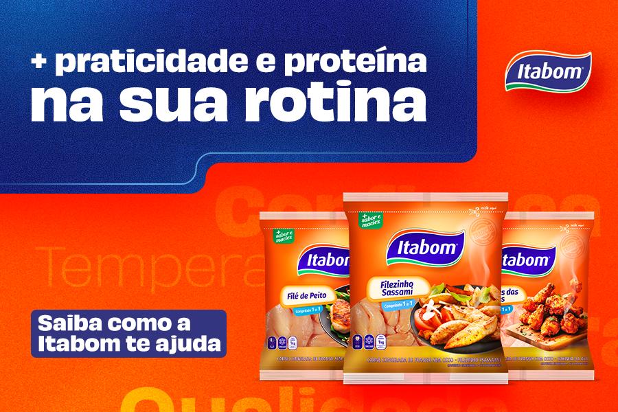 banner com fundo laranja e azul com embalagens dos frangos congelados da Itabom-Assaí Atacadista