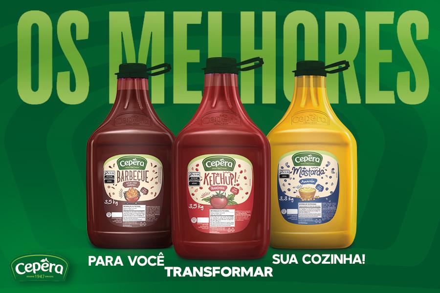 banner com fundo verde e três embalagens com molhos da Cepêra-Assaí Atacadista