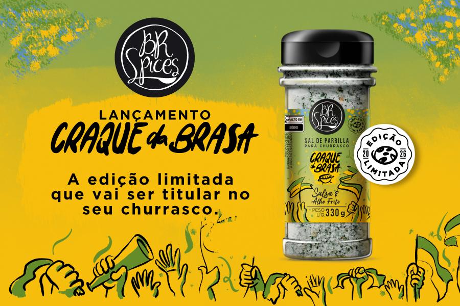 banner com o fundo verde e amarelo e uma embalagem do Sal Parrilla Craque da Brasa da BR Spices-Assaí Atacadista