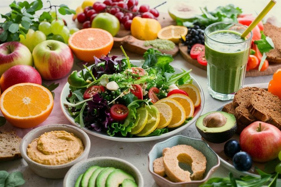 mesa repleta de frutas com um prato de verduras no centro - frutas e verduras - Assaí Atacadista