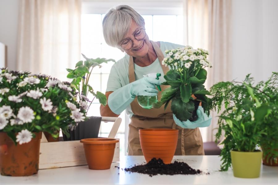 mulher de terceira idade cuidando de vasos de planta em casa - o que fazer no verão rm casa - Assaí Atacadista