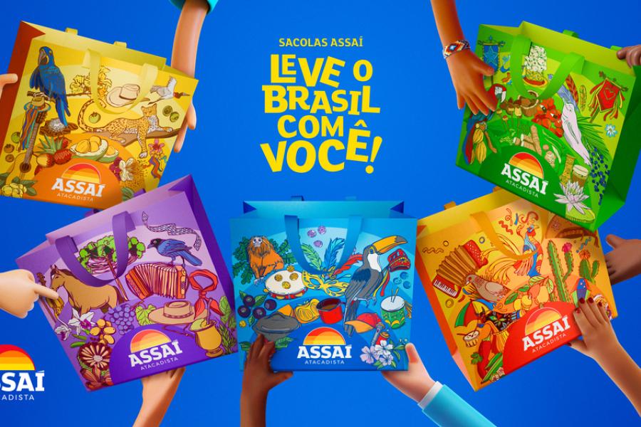 novas sacolas do Assaí Atacadista representando as regiões do Brasil-sacola do Assaí