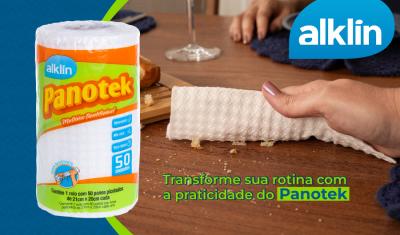 banner Panotek com uma embalagem e uma mão branca limpando uma mesa-alklin-Assaí Atacadista