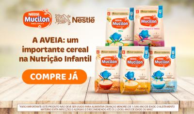 Banner com pacotes de Mucilon Aveia - Assaí Atacadista