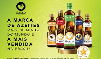 banner com embalagens de azeite da marca Gallo em um fundo verde - fornecedores do Assaí Atacadista