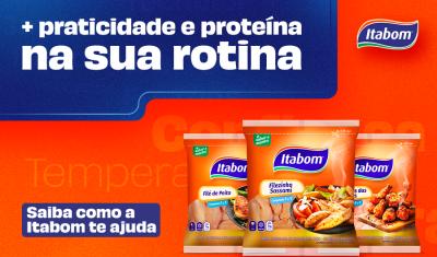 banner com fundo laranja e azul com embalagens dos frangos congelados da Itabom-Assaí Atacadista