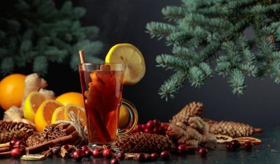 copo com drink com laranjas, pinhas e um galho de arvore de natal no fundo - Assaí Atacadista - drinks de natal