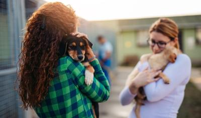 duas mulheres abraçando cachorros no colo - Especial Festival Assaí Pets - Assaí Atacadista
