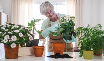 mulher de terceira idade cuidando de vasos de planta em casa - o que fazer no verão rm casa - Assaí Atacadista