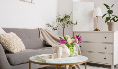 sala organizada com vasos de flores e plantas em cima dos móveis - organização da casa - Assaí Atacadista