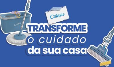 banner com fundo azul texto branco e os produtos da Celeste-Mop