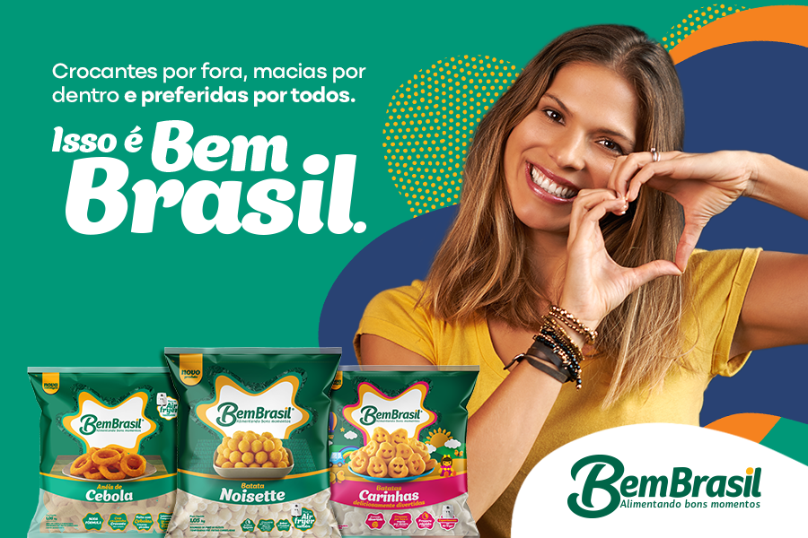 banner com embalagens dos produtos Bem Brasil com fundo verde e uma mulher branca fazendo símbolo de coração com as mãos - fornecedores do Assaí.png